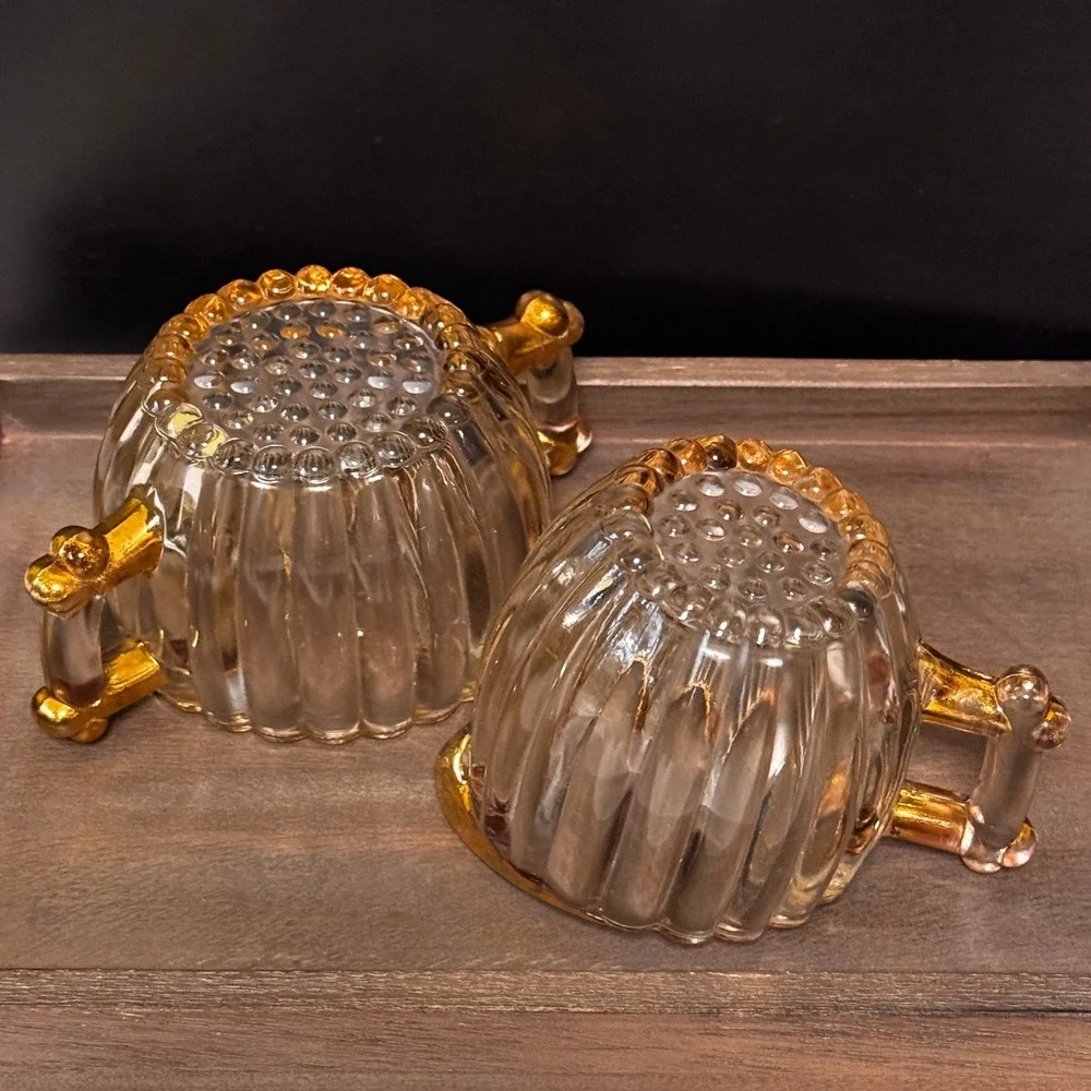Vintage Jeannette Glass Creamer and Sugar Bowl Set Gold Trim Handles 